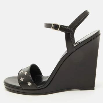 Saint Laurent Black Stars Leather Ankle Strap Wedge Sandals Size 39.5