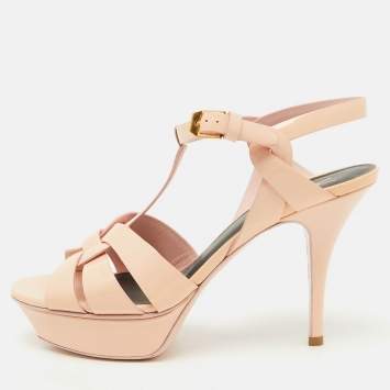 Pre Owned Saint Laurent Beige Patent Leather Tribute Platform Sandals Size 38