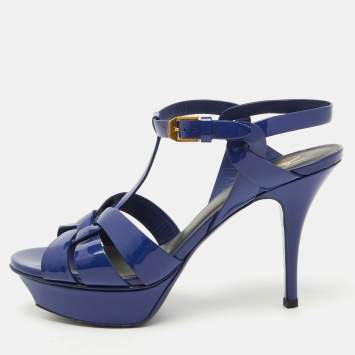 Pre Owned Saint Laurent Blue Patent Leather Tribute Platform Sandals Size 38.5