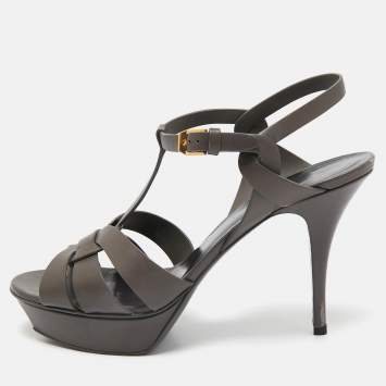 Pre Owned Saint Laurent Grey Leather Tribute Platform Sandals Size 42