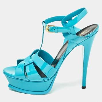 Pre Owned Saint Laurent Blue Patent Leather Tribute Platform Sandals Size 39