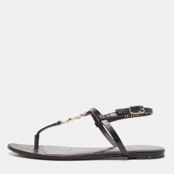 Pre Owned Saint Laurent Black Croc Embossed Leather Cassandra Flat Sandals Size 39