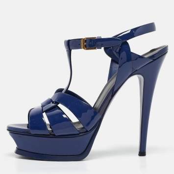 Pre Owned Saint Laurent Blue Patent Leather Tribute Sandals Size 38