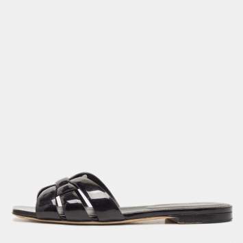 Pre Owned Saint Laurent Black Patent Leather Tribute Flat Slides Size 36