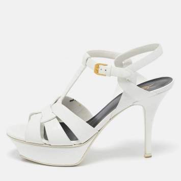 Pre Owned Saint Laurent White Lizard Embossed Leather Tribute Platform Sandals Size 37