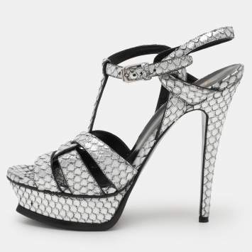 Pre Owned Saint Laurent Paris Silver Python Embossed Leather Tribute Platform Sandals Size 38.5