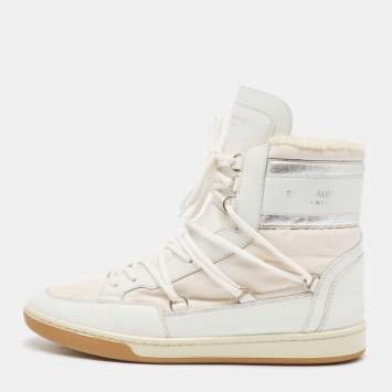 Pre Owned Saint Laurent White/Silver Leather and Nylon Ski High Top Sneakers Size 39.5