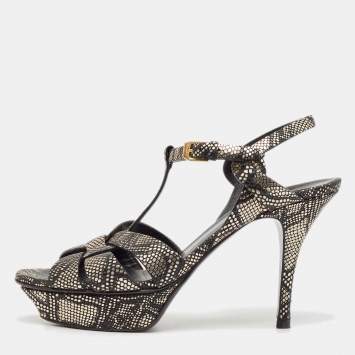 Saint Laurent Black/Gold Textured Leather Tribute Sandals Size 39.5