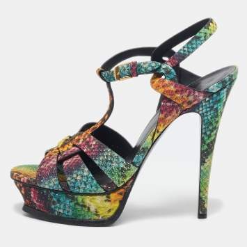 Saint Laurent Multicolor Python Embossed Leather Tribute Sandals Size 39.5