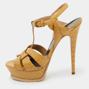Saint Laurent Yellow Croc Embossed Leather Tribute Platform Sandals Size 38
