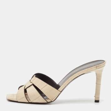 Pre Owned Saint Laurent Cream Eel Leather Tribute Slide Sandals Size 40