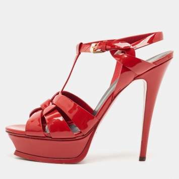 Pre Owned Saint Laurent Red Leather Tribute Platform Sandals Size 39.5