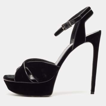 Saint Laurent Black Velvet Tribute Ankle Strap Sandals Size 41