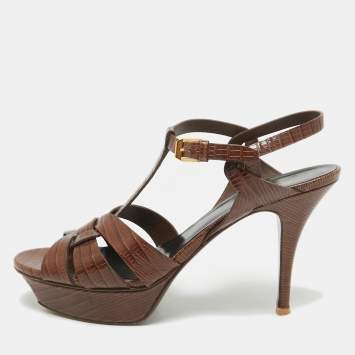 Saint Laurent Brown Croc Embossed Leather Tribute Sandals Size 40.5