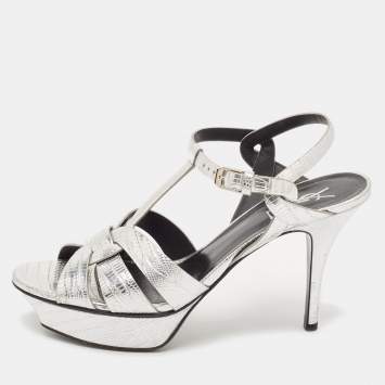Pre Owned Saint Laurent Paris Metallic Lizard Embossed Leather Tribute Sandals Size 40.5