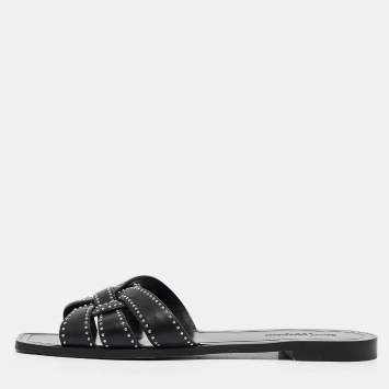 مملوكة مسبقًا Saint Laurent Black Leather Embellished Tribute Flat Sandals Size 41