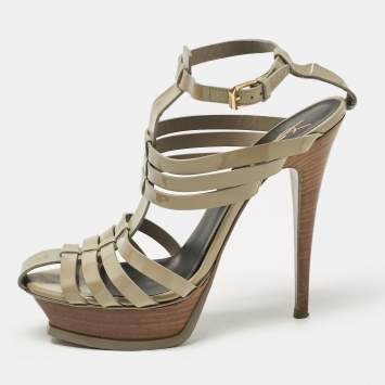 Saint Laurent Green Patent Leather Ankle Strap Sandals Size 39.5
