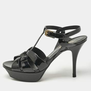 Pre Owned Saint Laurent Black Patent Leather Tribute Ankle Strap Platform Sandals Size 37