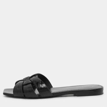 Pre Owned Saint Laurent Black Croc Embossed Leather Tribute Slide Sandals Size 35
