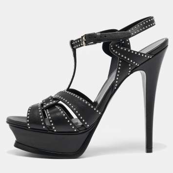 Saint Laurent Black Studded Leather Tribute Platform Sandals Size 38.5
