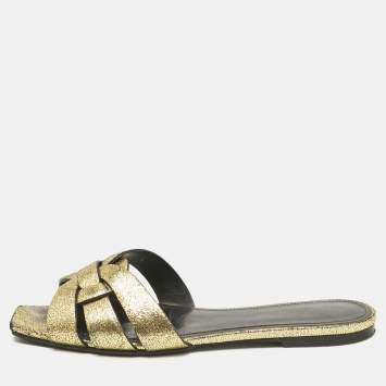 Pre Owned Saint Laurent Metallic Gold Leather Tribute Flat Slide Size 39
