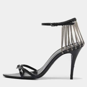 مملوكة مسبقًا Saint Laurent Black Snakeskin Leather Chain Ankle Strap Sandals Size 37