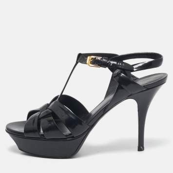 Saint Laurent Black Patent Leather Tribute Ankle Strap Sandals Size 38