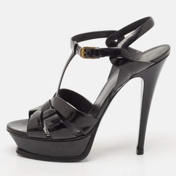 Saint Laurent Black Patent Leather Tribute Platform Ankle Strap Sandals Size 40