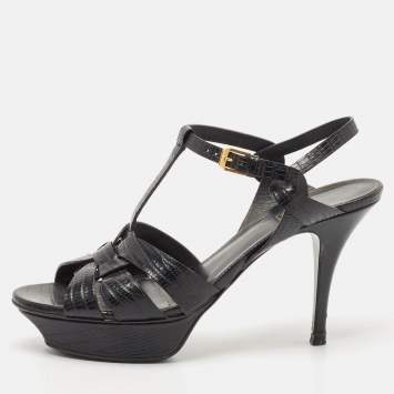 Saint Laurent Black Lizard Embossed Leather Tribute Platform Sandals Size 40.5