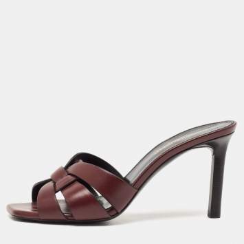 Pre Owned Saint Laurent Burgundy Leather Tribute Slides Sandals Size 36.5