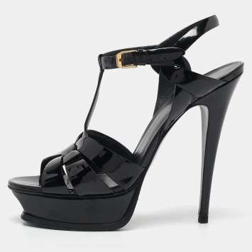 Pre Owned Saint Laurent Black Patent Leather Tribute Platform Ankle Strap Sandals Size 40