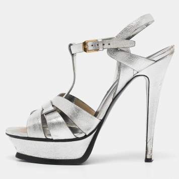Pre Owned Saint Laurent Silver Leather Tribute Platform Sandals Size 40