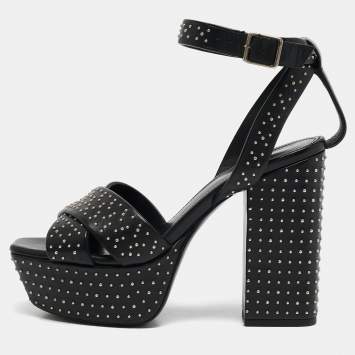 Saint Laurent Black Leather Studded Farrah Criss Cross Platform Sandals Size 36