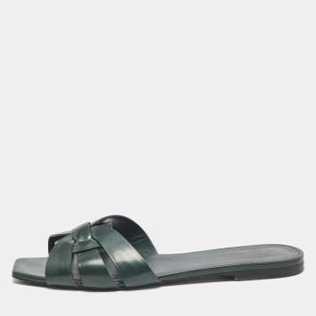 Pre Owned Saint Laurent Dark Green Patent Tribute Flat Slides Size 40.5
