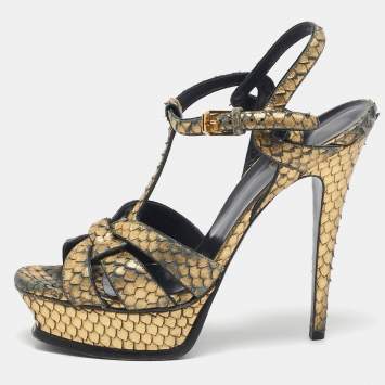 Saint Laurent Metallic Gold Python Embossed Leather Tribute Sandals Size 39.5