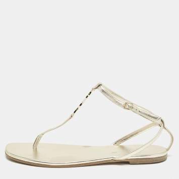 Saint Laurent Gold Leather Cassandra Thong Flat Sandals Size 39