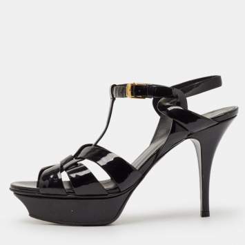 Saint Laurent Black Patent Leather Tribute Platform Sandals Size 39