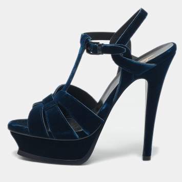 Saint Laurent Navy Blue Velvet Tribute Platform Sandals Size 37