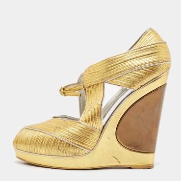 Saint Laurent Paris Metallic Gold Leather Venice Sculpted Wedge Platform Sandals Size 39