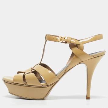 Pre Owned Saint Laurent Beige Patent Leather Tribute Platform Sandals Size 37
