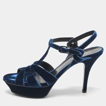 Saint Laurent Blue Velvet Tribute Ankle Strap Sandals Size 38.5