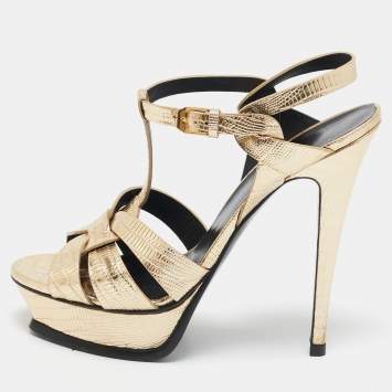 Pre Owned Saint Laurent  Metallic Croc Embossed Leather Tribute Platform Sandals Size 40
