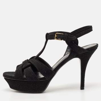 Saint Laurent Black Suede and Quartz Glitter Tribute Platform Sandals Size 37.5