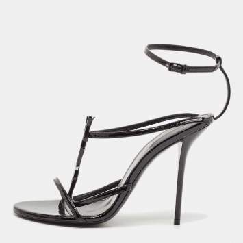 Pre Owned Saint Laurent Black Patent Leather Cassandre Ankle Strap Sandals Size 40