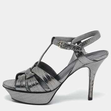 Saint Laurent Grey Lizard Embossed Leather Tribute Platform Sandals Size 37