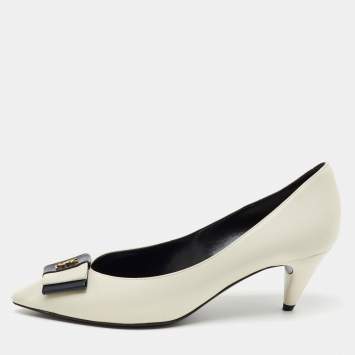 Pre Owned Saint Laurent Off White/Navy Leather Anai YSL Bow Pumps Size 36