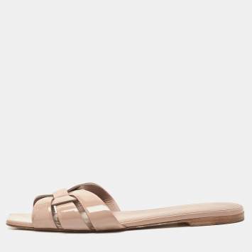 Pre Owned Saint Laurent Beige Patent Leather Tribute Flat Sandals Size 41.5