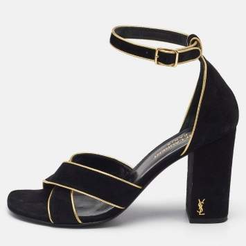 Saint Laurent Black/Gold Suede and Leather Ankle Strap Sandals Size 37.5