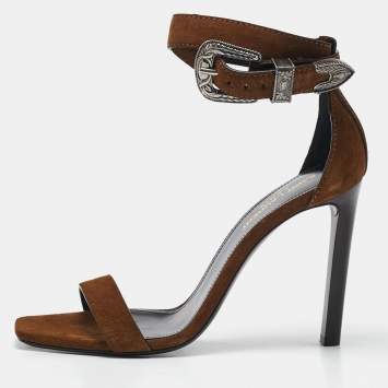 Saint Laurent Olive Green Suede Mica Buckle Western Ankle Strap Sandals Size 38.5