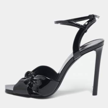 Saint Laurent Black Patent Leather Amy Knot Ankle Strap Sandals Size 40.5